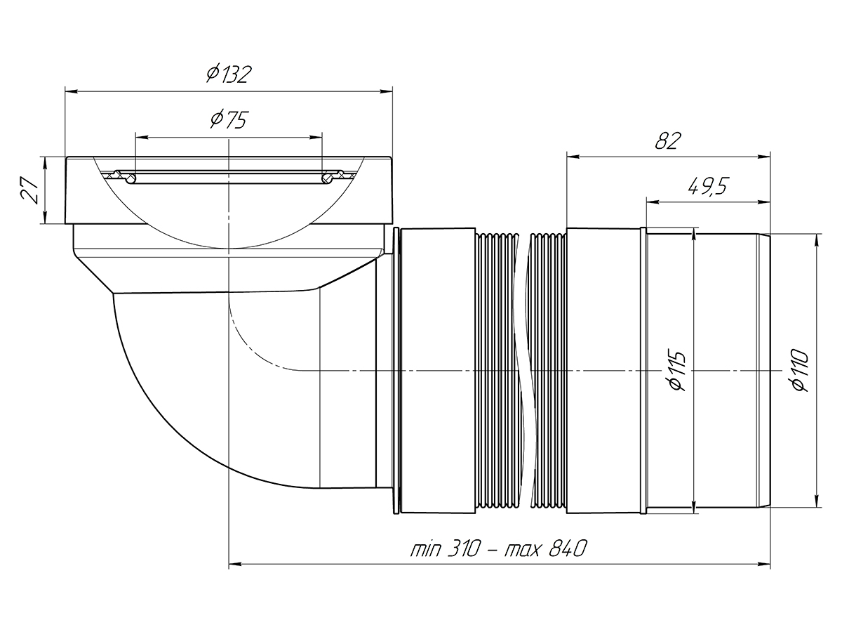Удлинитель гибкий для унитаза АНИ Пласт K722R угол 90 градусов выпуск 110 мм 310-840 мм
