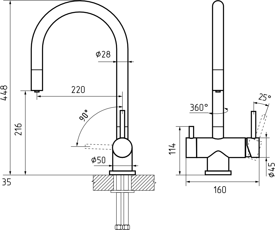 Смеситель для кухни RIVELATO Trevi гибкий излив с краном питьевой воды нержавеющая сталь (2433505 BS)