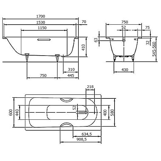 Ванна стальная KALDEWEI SANIFORM PLUS 373 покрытие Easy Clean белая 1700x750мм (112600013001)