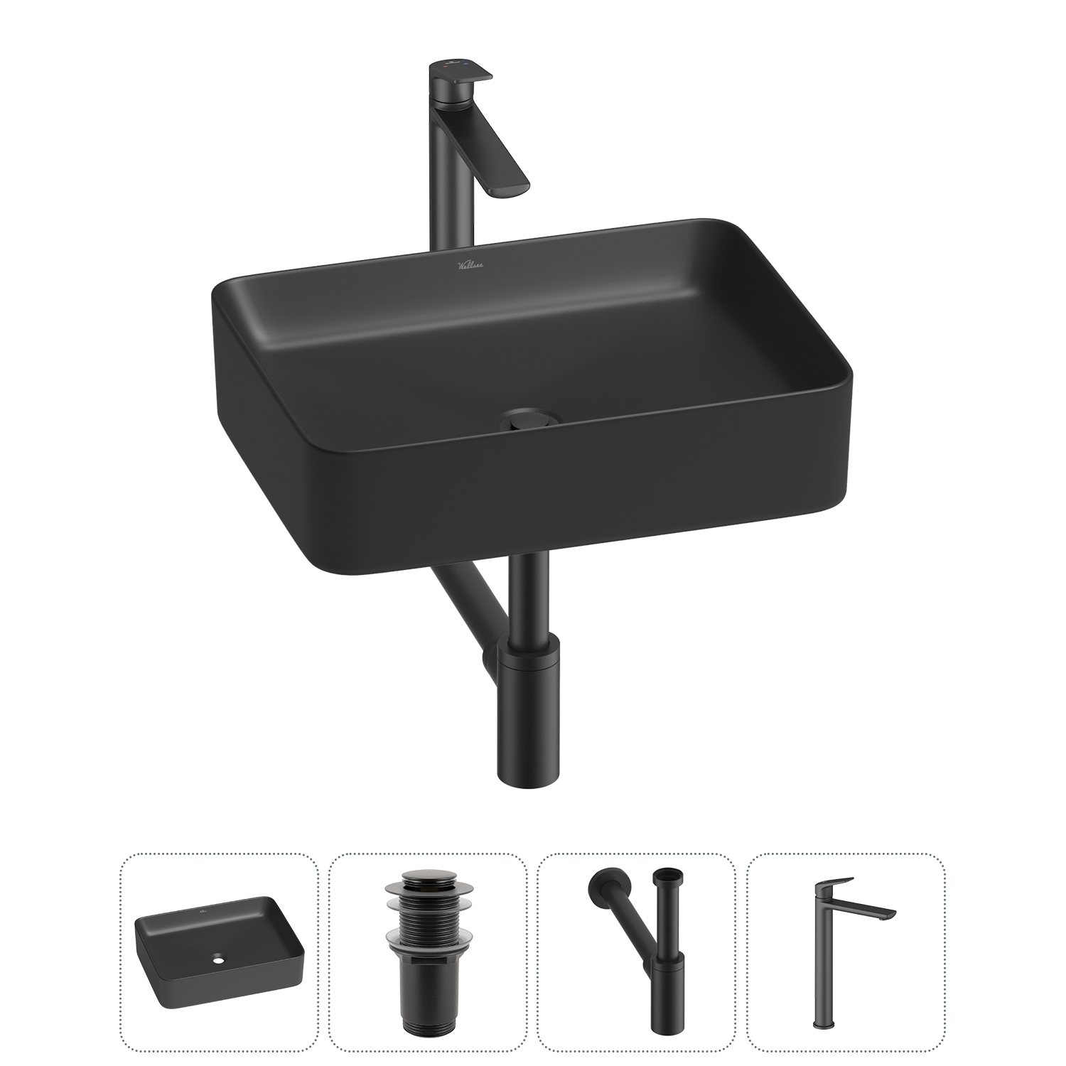 Накладная раковина для ванной комнаты Wellsee Mint 20212500R в наборе 4 в 1: раковина матовая черная
