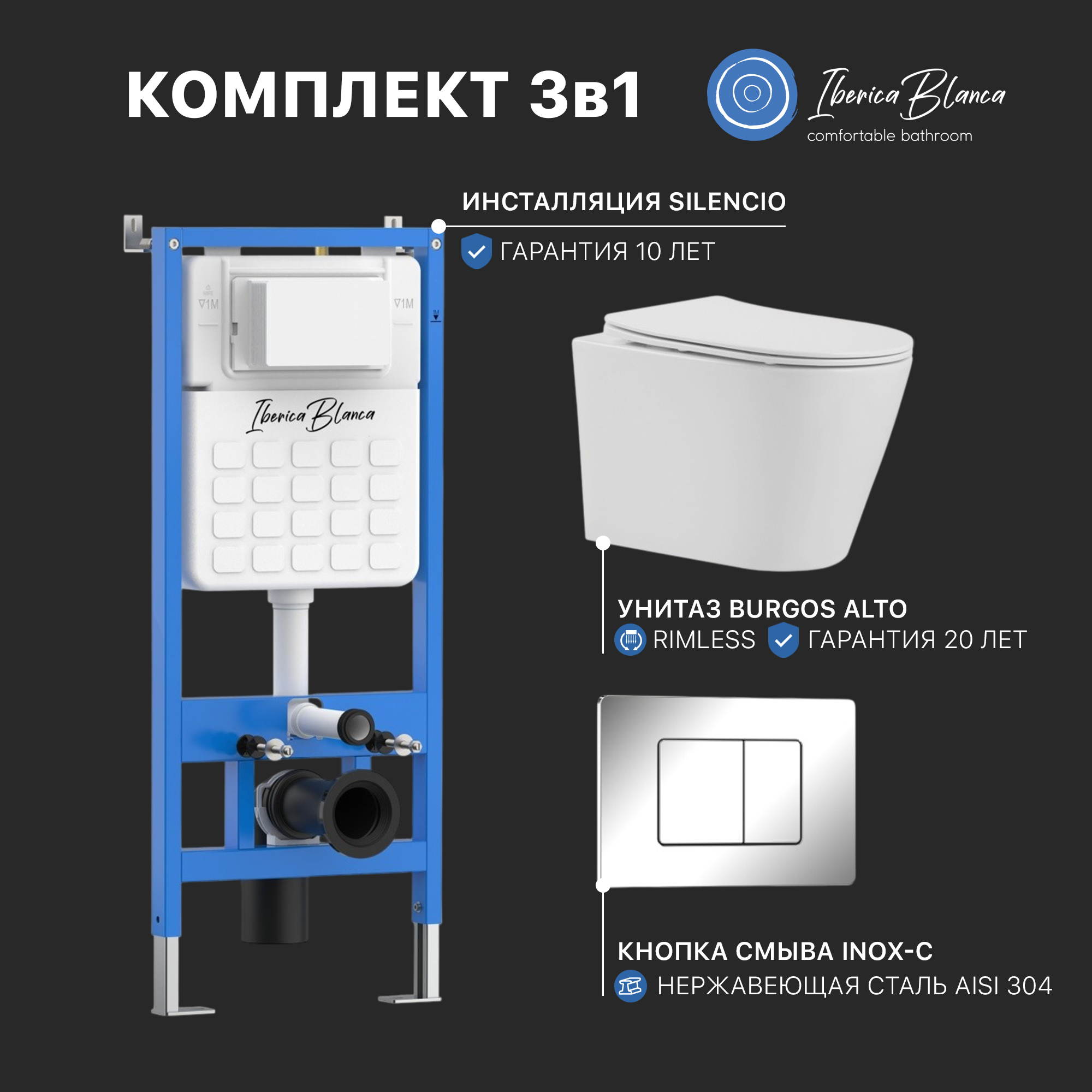 Промо комплект 3в1 IBERICA BLANCA SET.IB.002 (инсталляция, унитаз, кнопка смыва) Промо комплект 3в1 IBERICA BLANCA SET.IB.002 (инсталляция, унитаз, кнопка смыва)