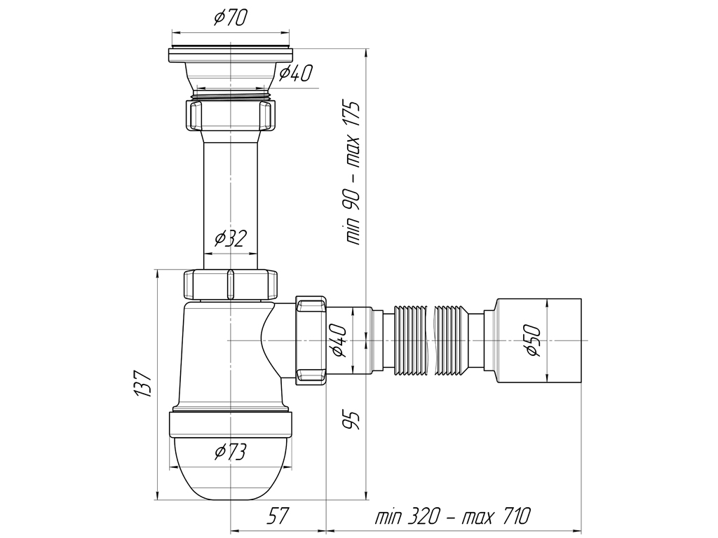Сифон для мойки АНИ Пласт C0110 1 1/2 дюйма 40 с гибкой трубой 40х50
