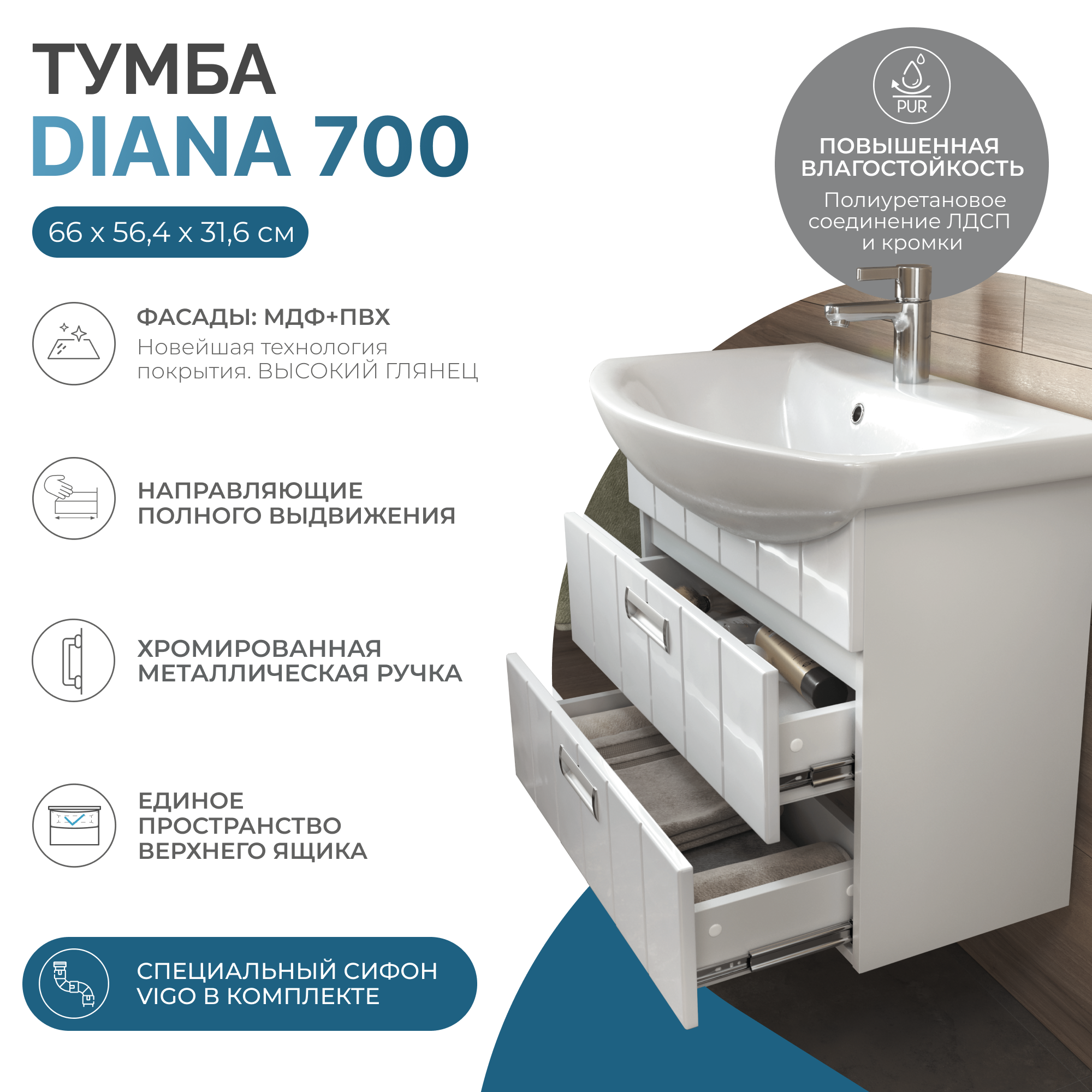 Тумба под раковину VIGO Диана/Diana 2-70 подвесная белый (tp.DIA.BAL.70.2Y)