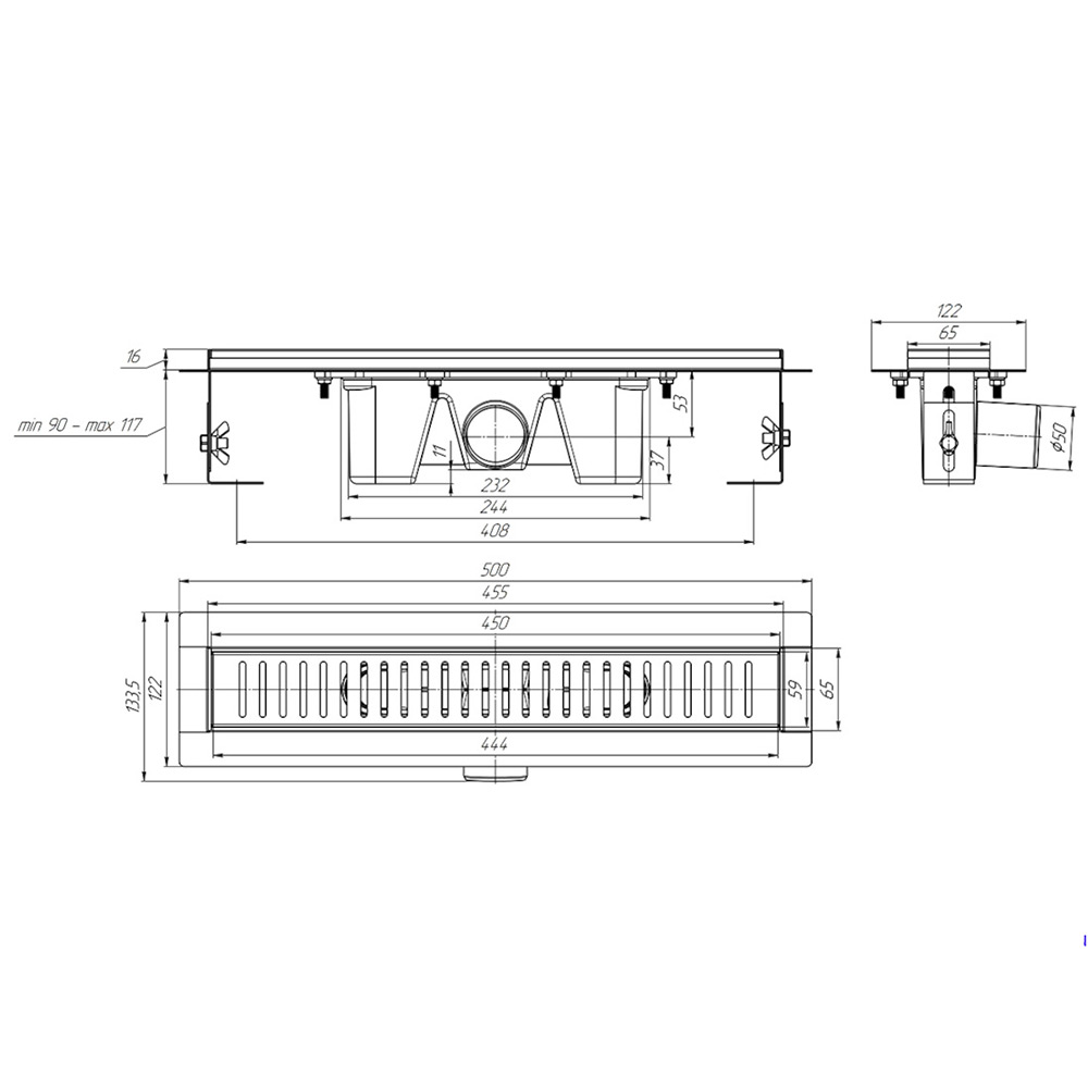 Трап линейный из нержавеющей стали АНИ Пласт TLZ2445G DN50 с комбинированным затвором глянцевой решёткой Бимс 450х65 мм