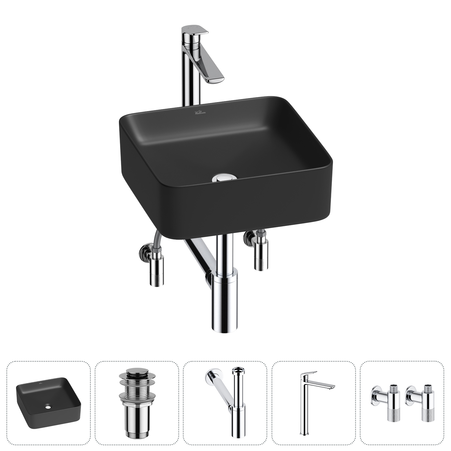 Накладная раковина для ванной комнаты Wellsee Mint 20212474R в наборе 5 в 1: раковина матовая черная