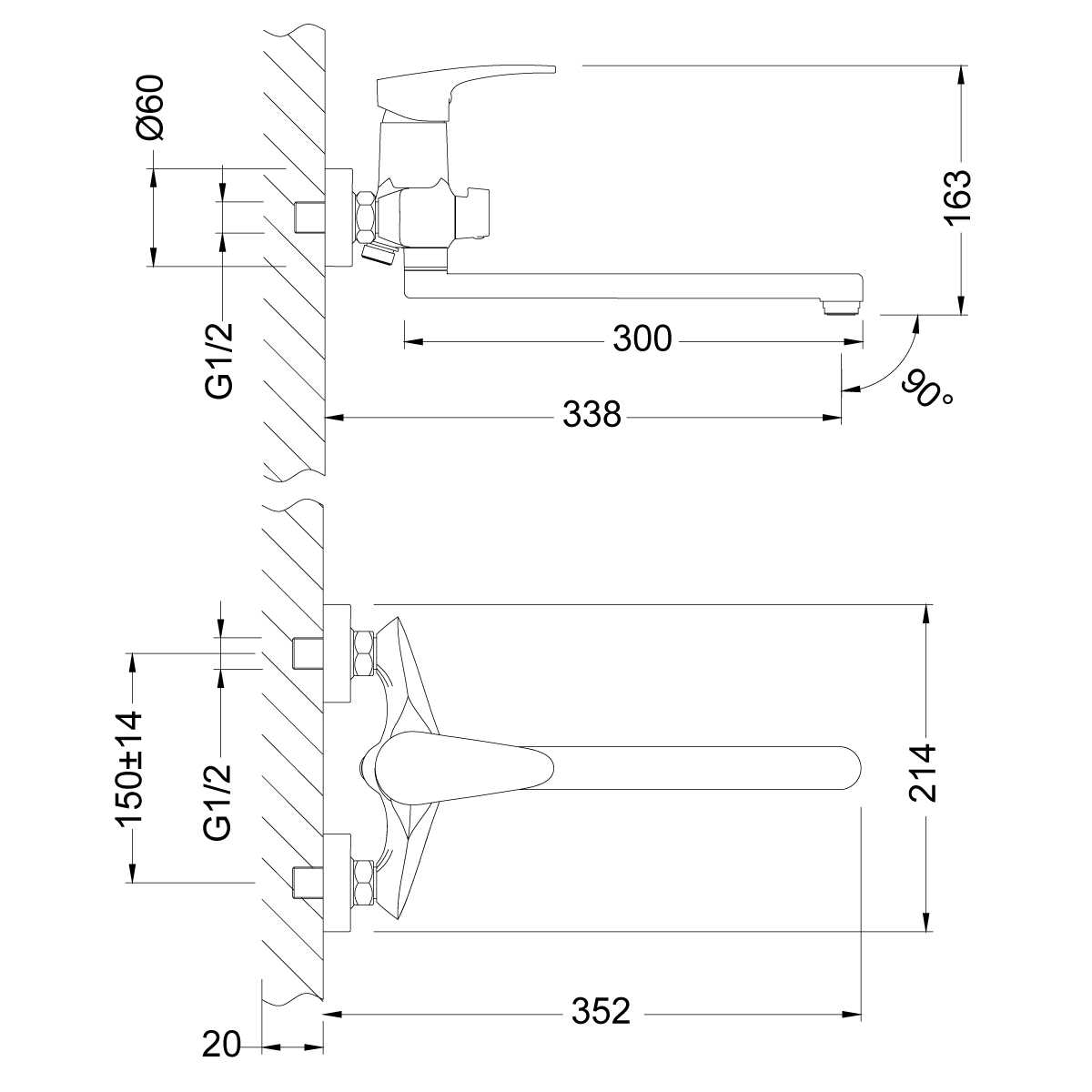 Linara Смеситель для ванны, плоск.пов.излив 300мм, р/ОД, хром, LM, LM0451C