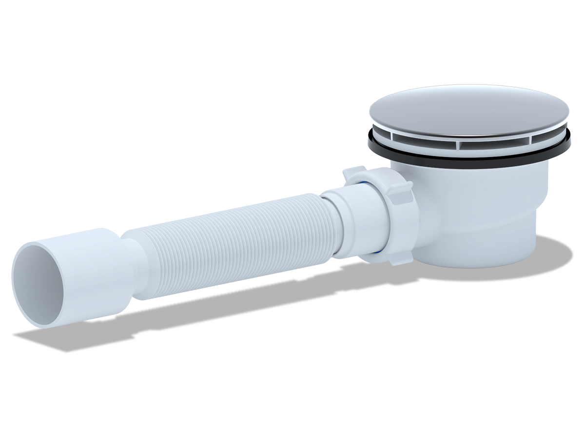 Сифон для душевого поддона АНИ Пласт E325VAL 1 1/2 дюйма 90 высота 53 вальцовка хром с гибкой трубой 40х50