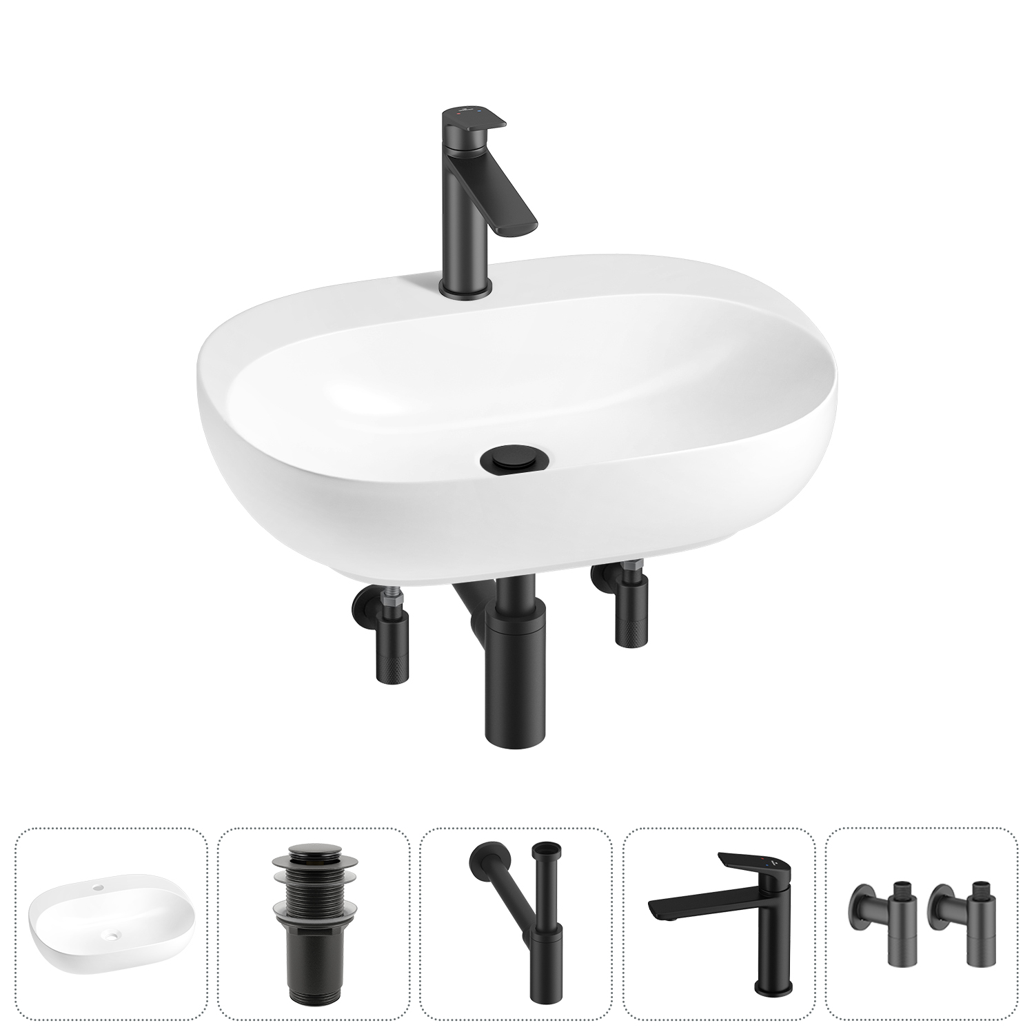 Накладная или подвесная раковина для ванной Wellsee Pro Line 20212434R в наборе 5 в 1: раковина белы