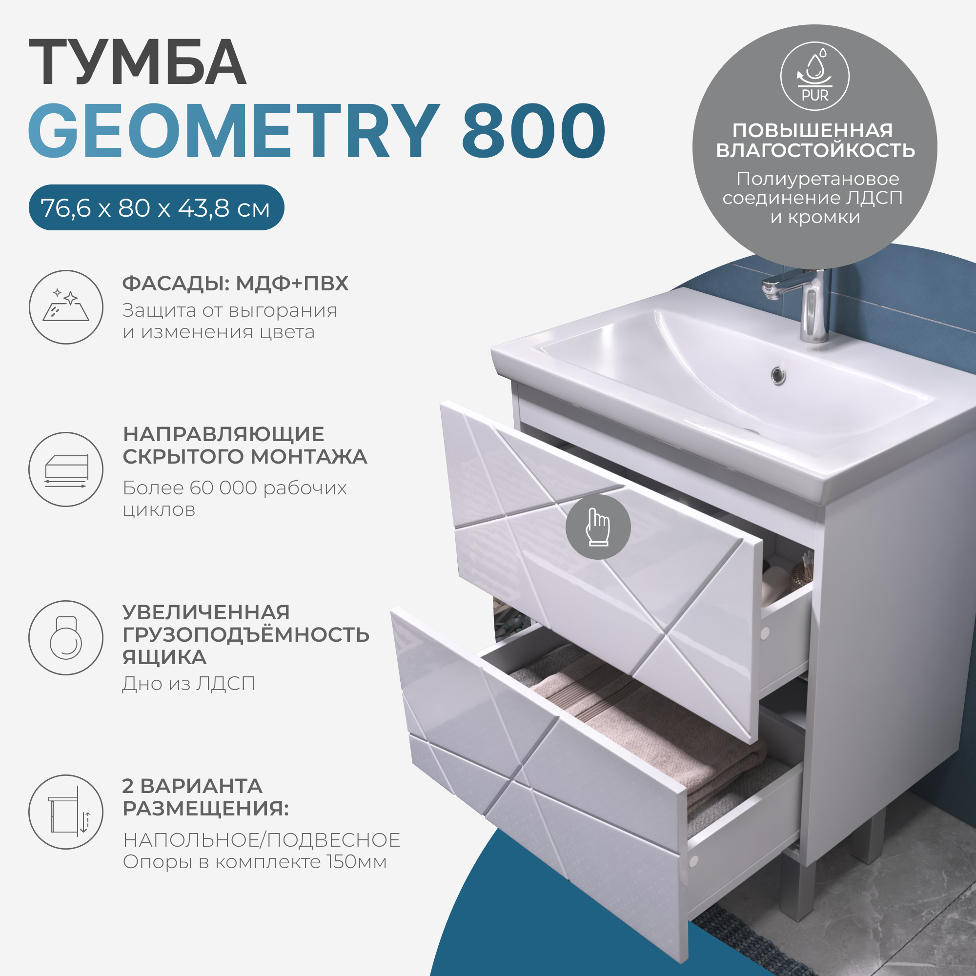 Тумба под раковину VIGO Geometry 80 напольная белый (025)