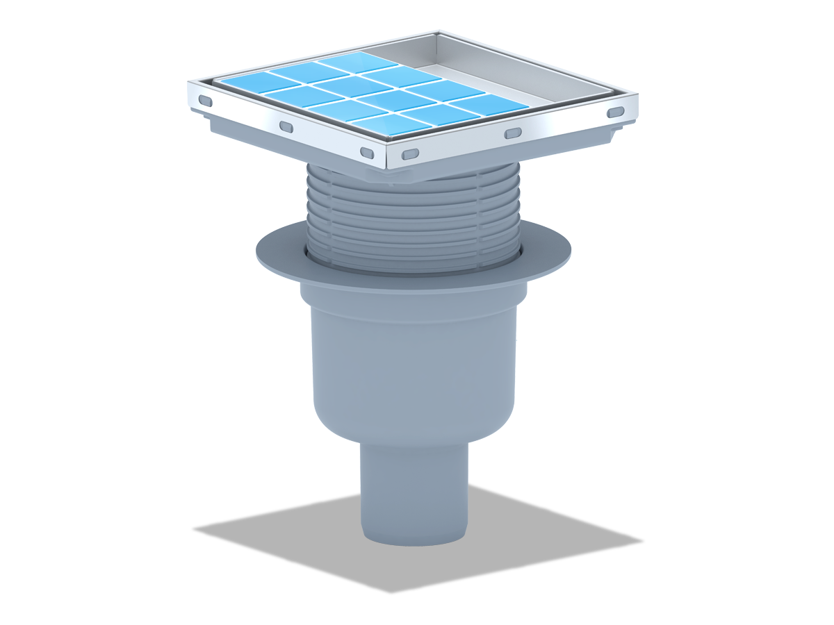 Трап для душа АНИ Пласт TQ5912 DN50 горизонтальный регулируемый с сухим затвором и решёткой из нержавеющей стали 150х150 мм под плитку
