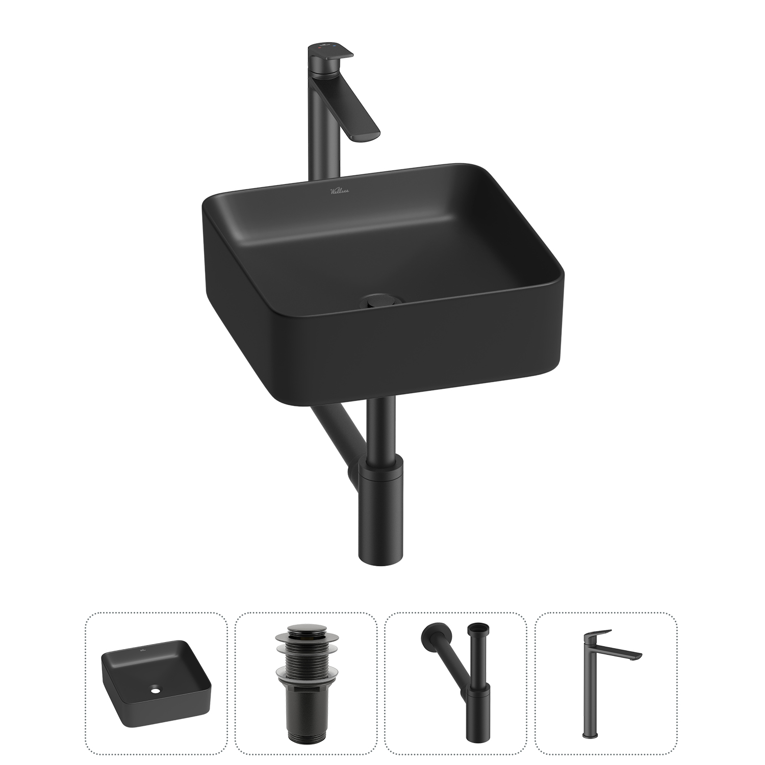 Накладная раковина для ванной комнаты Wellsee Mint 20212472R в наборе 4 в 1: раковина матовая черная