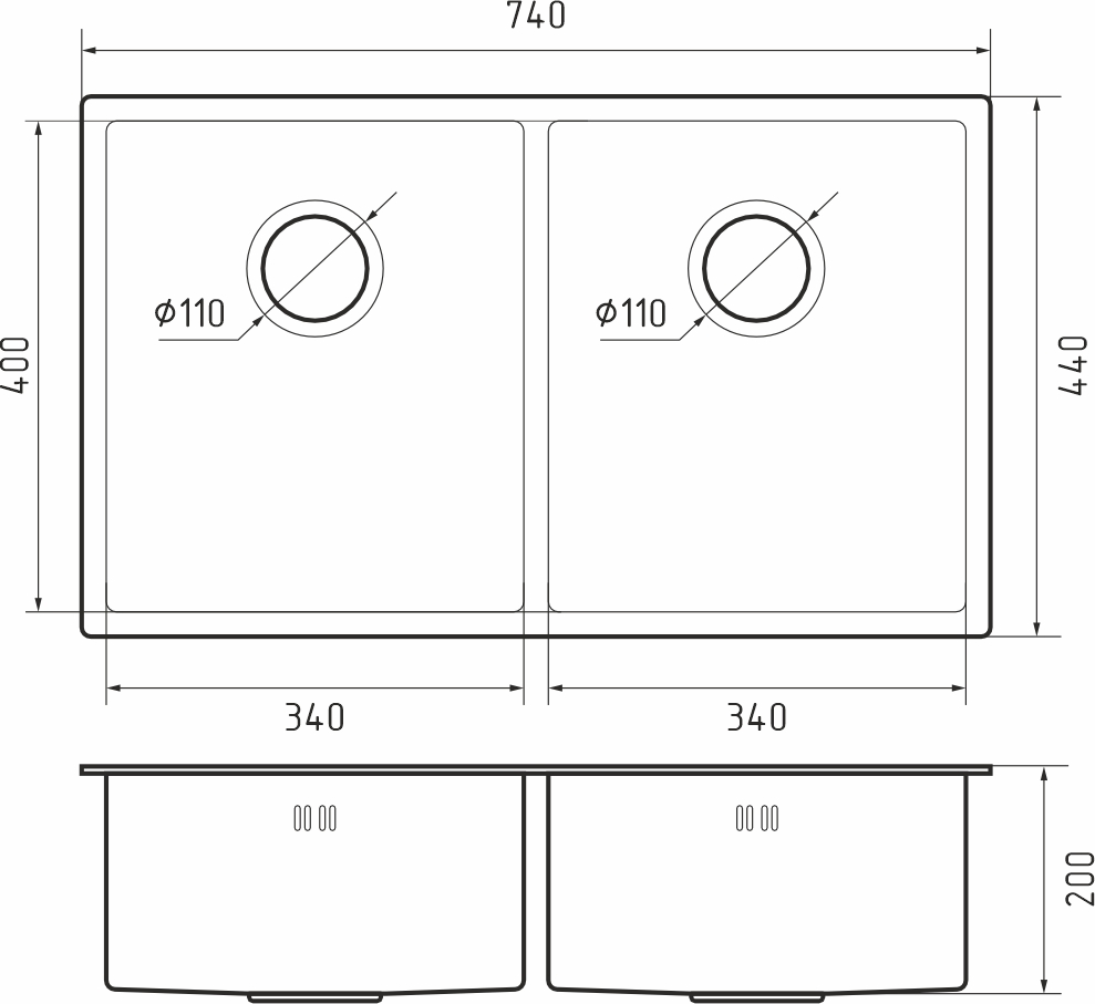 Rivelato Rinox 7444 U2 Мойка нерж.сталь 2 чаши 740*440*200 мм арт.7444 U2 купить оптом и для комплектации объектов в компании «Лаваль».