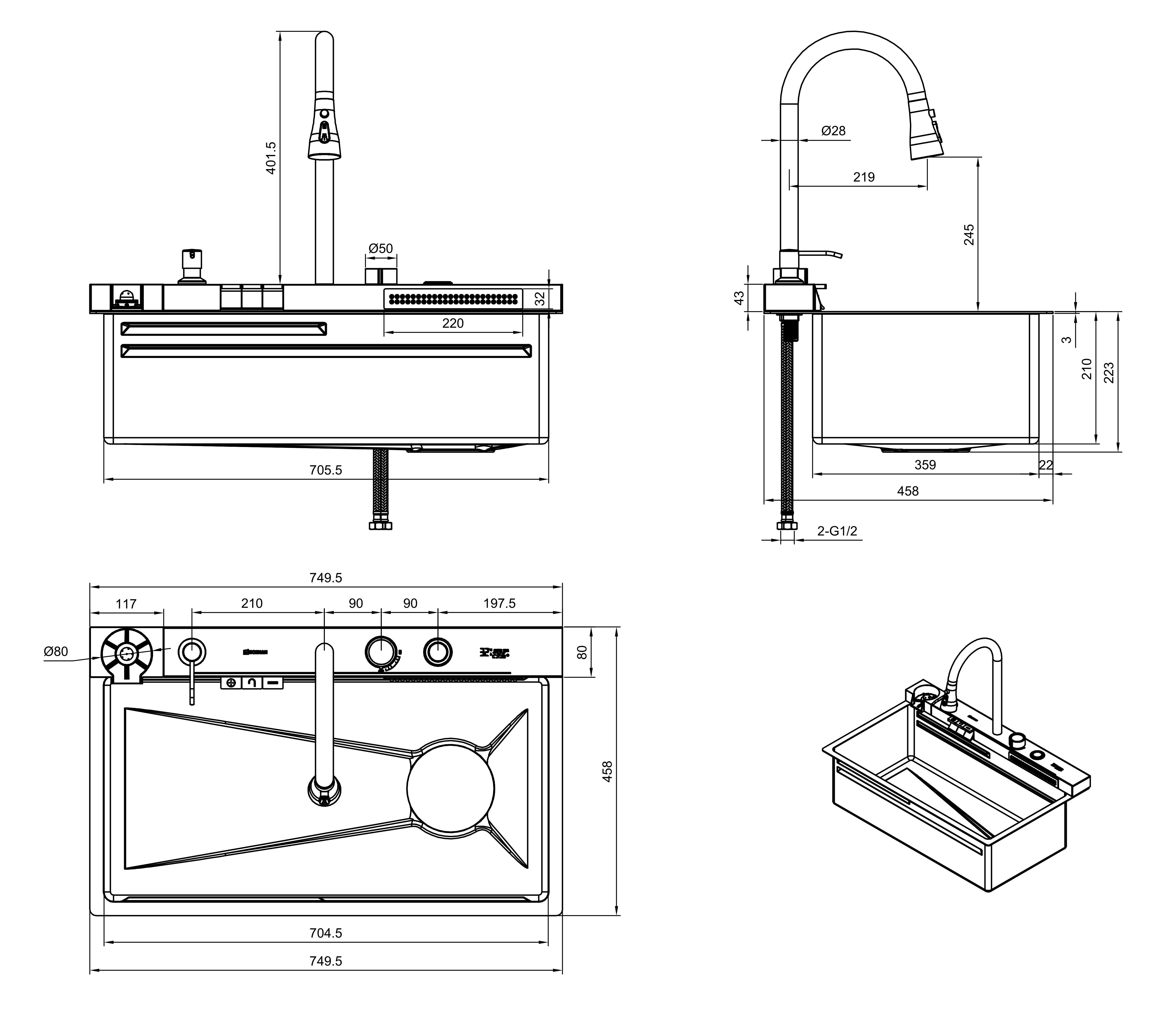 Кухонная мойка многофункциональная ПРОФСАН PSM-9942ST готовое решение со смесителем, нержавеющая сталь