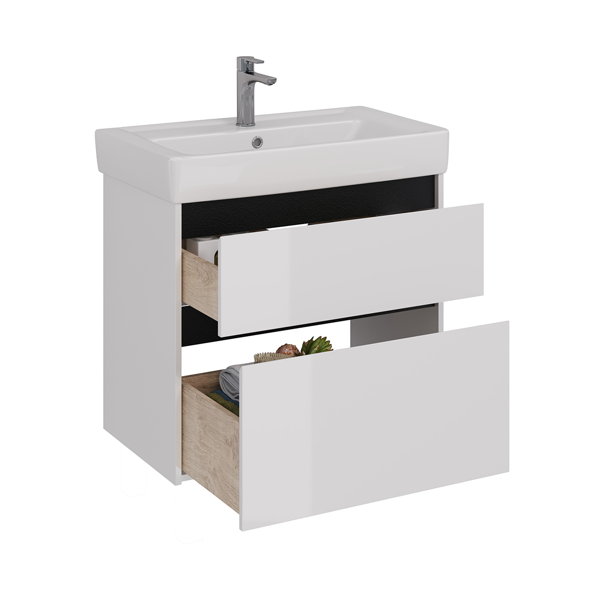 Тумба Lemark COMBI 80 см под 1 раковину, подвесная/напольная, 2 ящика, цвет планки: Чёрный, цвет кор