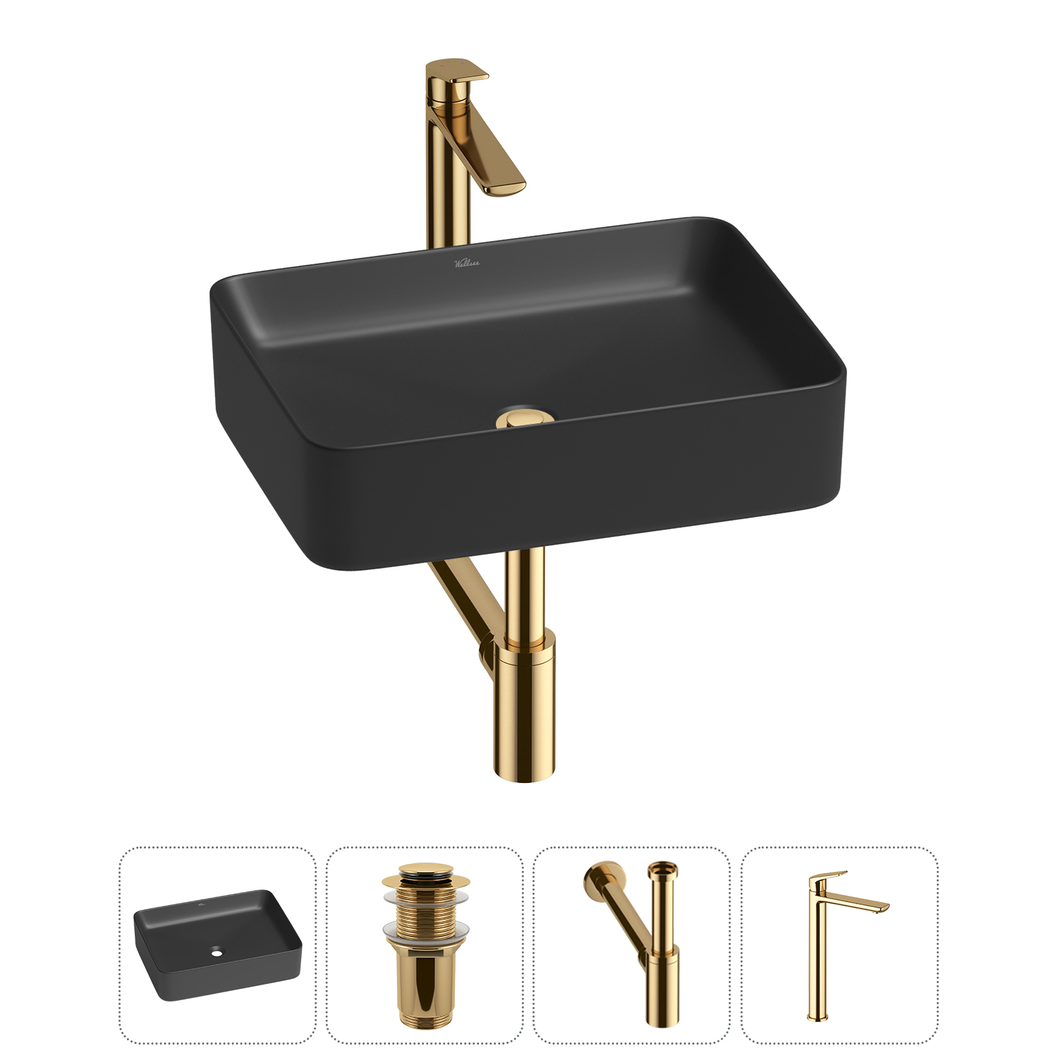 Накладная раковина для ванной комнаты Wellsee Mint 20212501R в наборе 4 в 1: раковина матовая черная