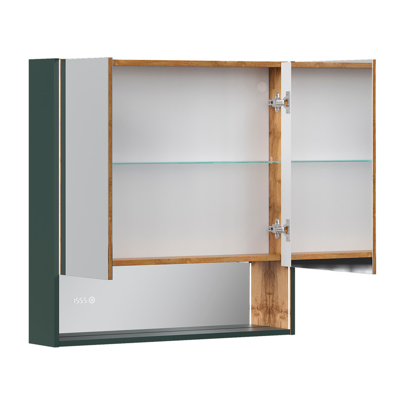 Шкаф зеркальный EQUIL Gleam 80, подвесной, 2 дв., зеленый камень/дуб вотан (szGLEAM.LED.80.2D-34)