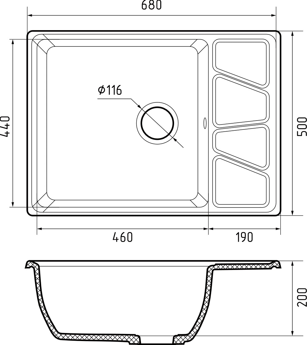 GRANFEST Мойка композит VERTEX, GF-V-680L, чаш+кр 680*500, терракот