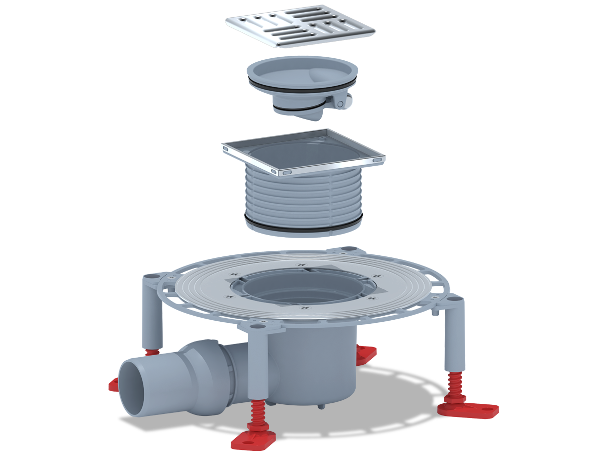 Трап для душа АНИ Пласт THQ5602 DN50 горизонтальный регулируемый с сухим затвором и решёткой из нержавеющей стали 100х100 мм