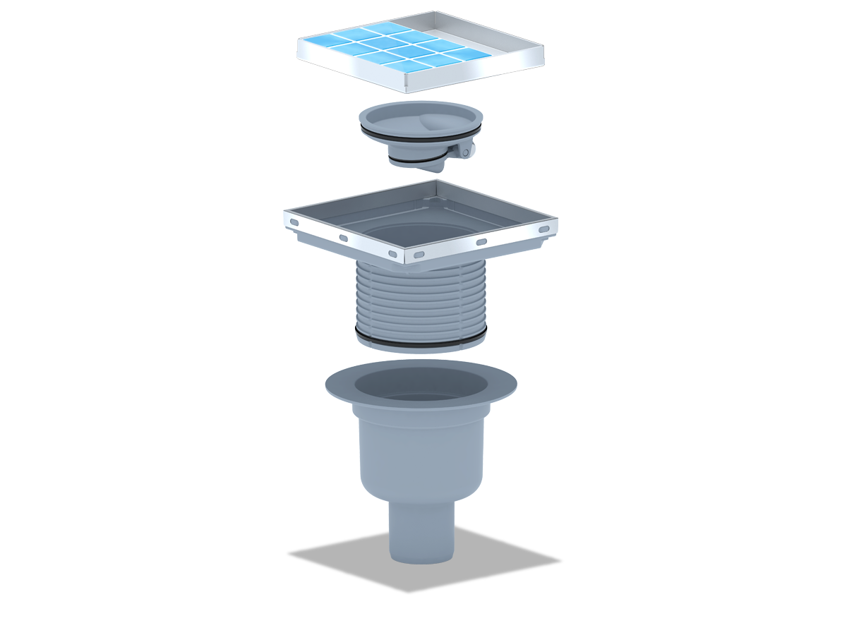 Трап для душа АНИ Пласт TQ5912 DN50 горизонтальный регулируемый с сухим затвором и решёткой из нержавеющей стали 150х150 мм под плитку