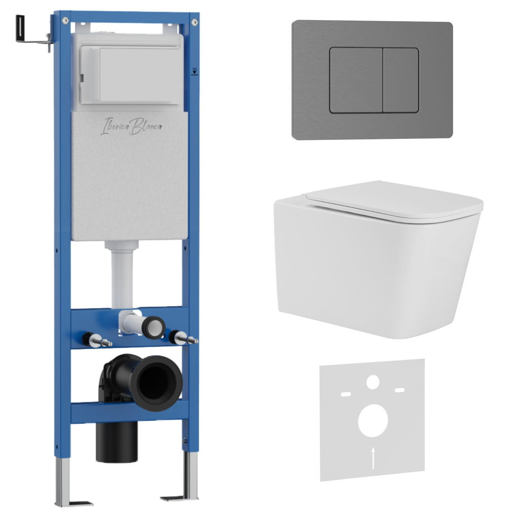 Комплект 3в1 IBERICA BLANCA инсталляция SILENCIO MINI, унитаз TOLEDO ALTO белый, кнопка смыва INOX-C вороненая сталь (IB.001M.TLA.234.1180)