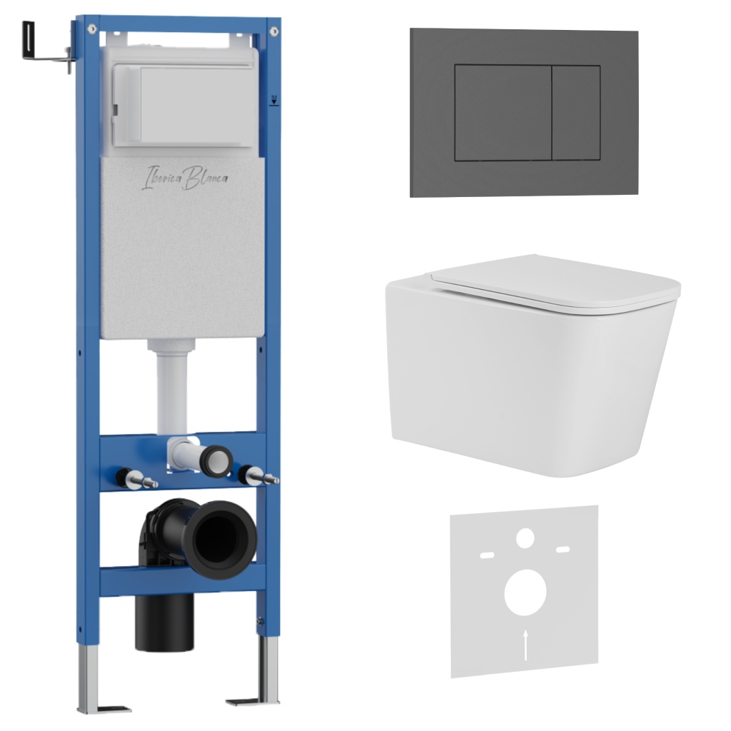 Комплект 3в1 IBERICA BLANCA инсталляция SILENCIO MINI, унитаз TOLEDO ALTO белый, кнопка смыва ESTI-S серый матовый (IB.001M.TLA.231.856)