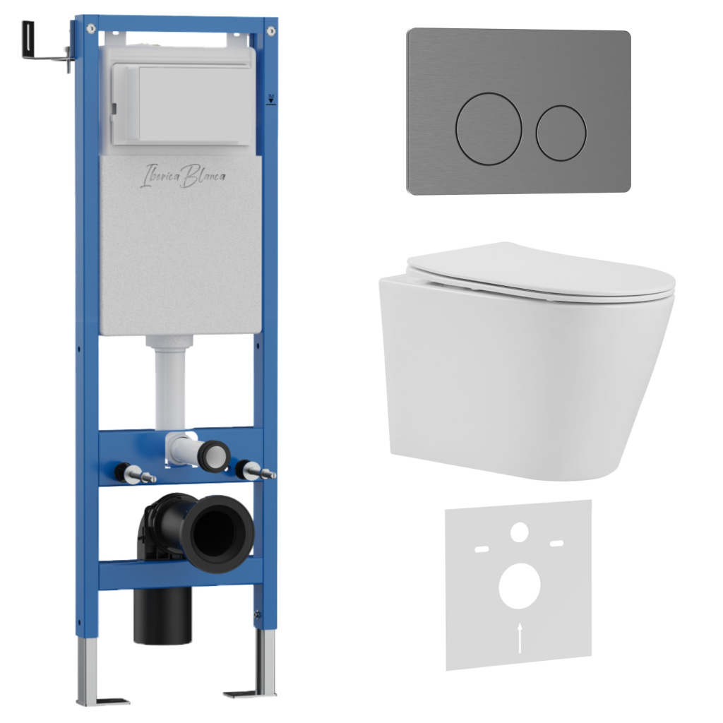 Комплект 3в1 IBERICA BLANCA инсталляция SILENCIO MINI, унитаз BURGOS ALTO белый, кнопка смыва INOX-О вороненая сталь (IB.001M.BRA.231.8180)