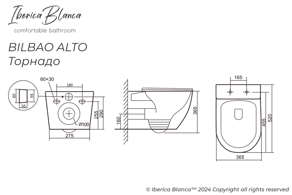 Комплект 3в1 IBERICA BLANCA инсталляция SILENCIO, унитаз BILBAO ALTO белый, кнопка смыва INOX-S вороненая сталь (IB001.BLA.234.1602)