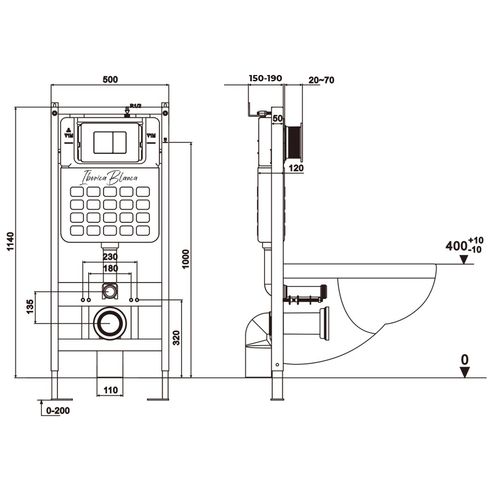 Комплект 3в1 IBERICA BLANCA инсталляция SILENCIO, унитаз BILBAO ALTO белый, кнопка смыва INOX-S вороненая сталь (IB001.BLA.234.1602)