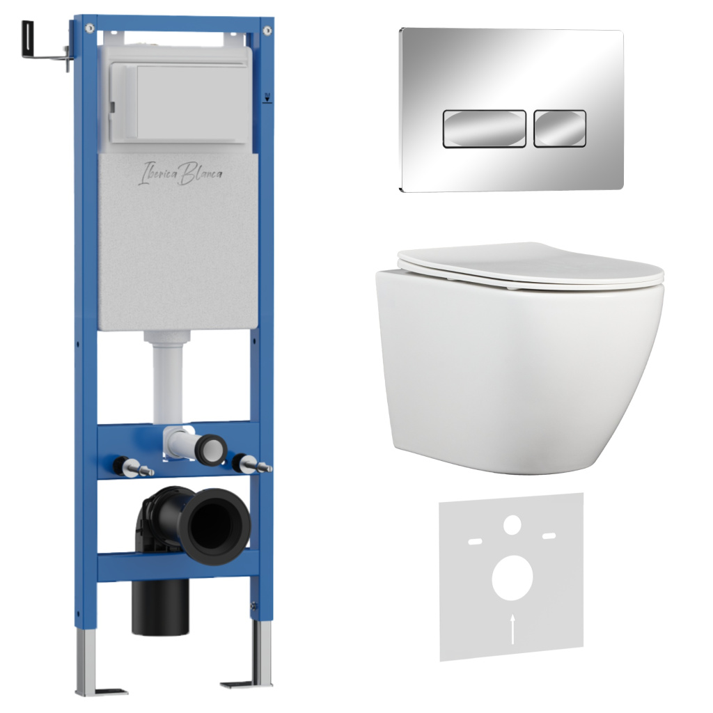 Комплект 3в1 IBERICA BLANCA инсталляция SILENCIO MINI, унитаз BILBAO ALTO белый, кнопка смыва ESTI-R хром глянцевый (IB.001M.BLA.231.213)