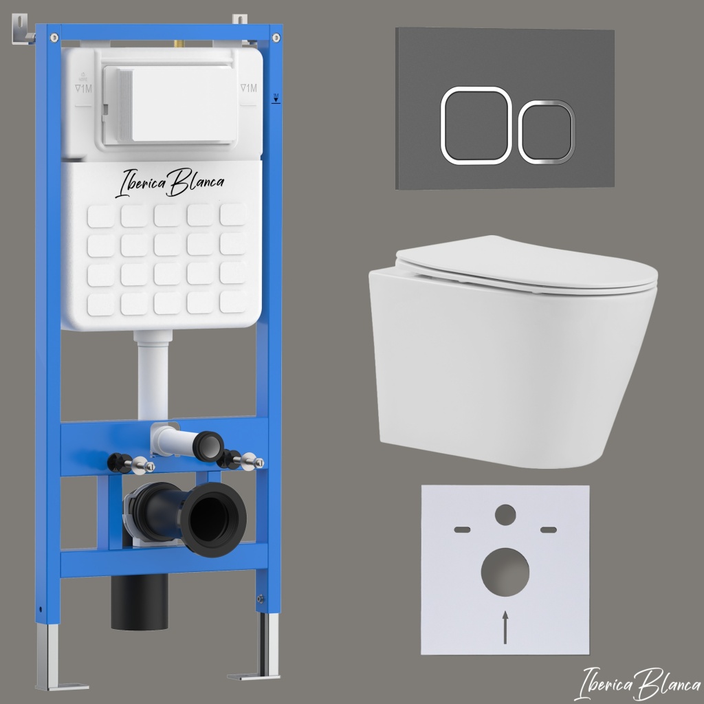 Комплект 3в1 IBERICA BLANCA инсталляция SILENCIO, унитаз BURGOS ALTO белый, кнопка смыва ESTI-Q серый матовый (IB001.BRA.231.837)