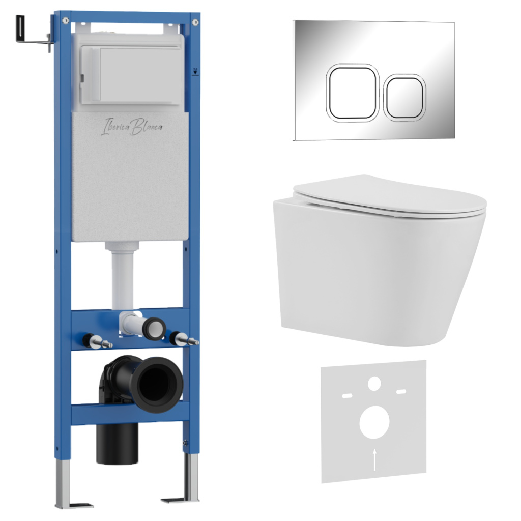 Комплект 3в1 IBERICA BLANCA инсталляция SILENCIO MINI, унитаз BURGOS ALTO белый, кнопка смыва ESTI-Q хром глянцевый (IB.001M.BRA.231.833)