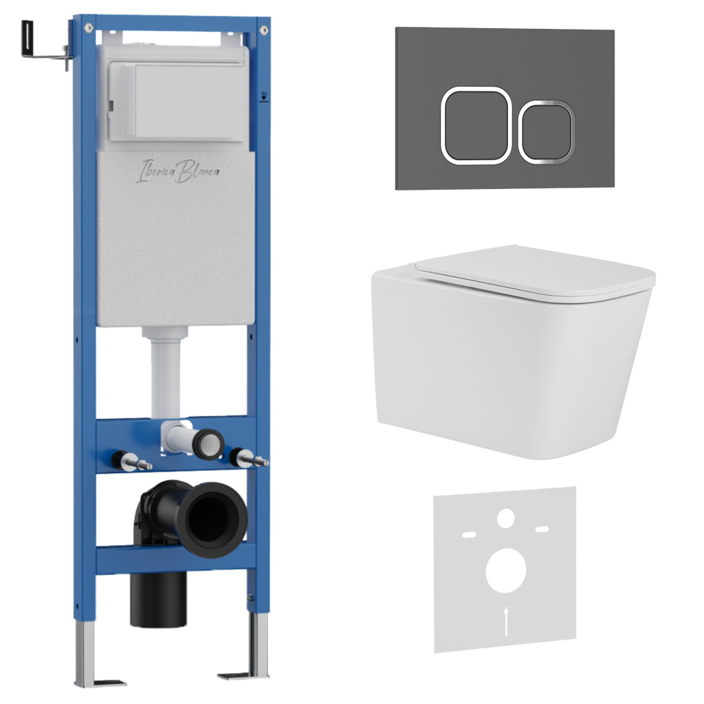 Комплект 3в1 IBERICA BLANCA инсталляция SILENCIO MINI, унитаз TOLEDO ALTO белый, кнопка смыва ESTI-Q серый матовый (IB.001M.TLA.234.837)