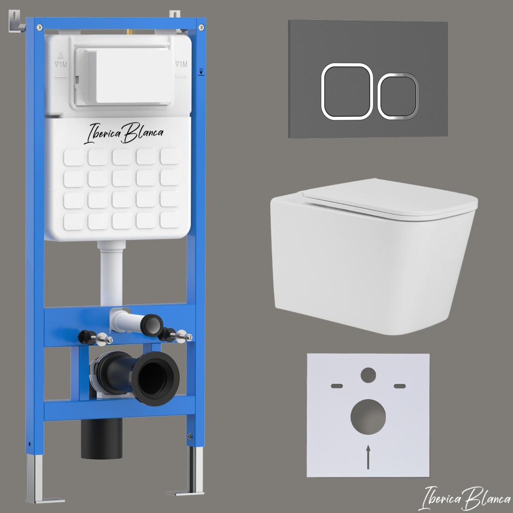 Комплект 3в1 IBERICA BLANCA инсталляция SILENCIO, унитаз TOLEDO ALTO белый, кнопка смыва ESTI-Q серый матовый (IB001.TLA.234.837)
