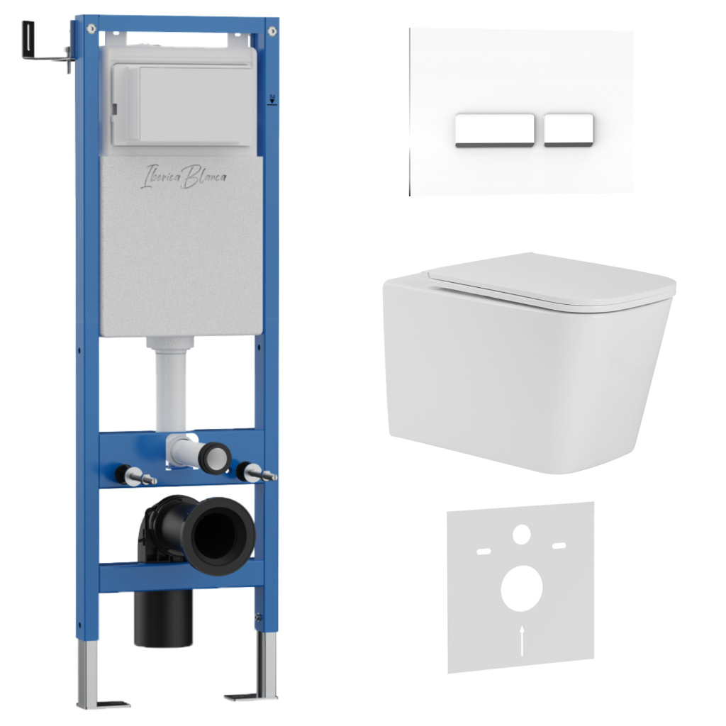Комплект 3в1 IBERICA BLANCA инсталляция SILENCIO MINI, унитаз TOLEDO ALTO белый, кнопка смыва CRYSTAL-R белый глянцевый (IB.001M.TLA.231.2210)