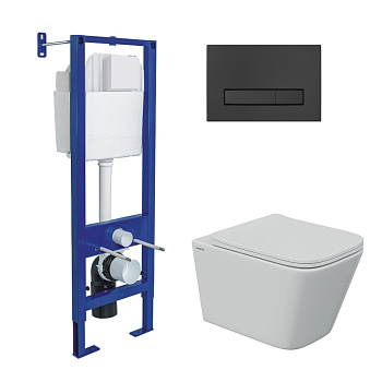 Комплект: инсталляция АТОМ Line кнопка черная Soft Touch, унитаз FLOE S Rimless 51 см, сидение дюроп