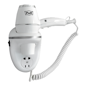 Фен для волос настенный PUFF-1800В белый, с розеткой, 1,8 кВт (0405.011)