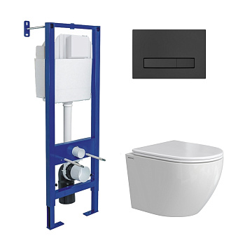 Комплект: инсталляция АТОМ Line кнопка черная Soft Touch, унитаз OKUS Rimless 49 см, сиденье дюропла