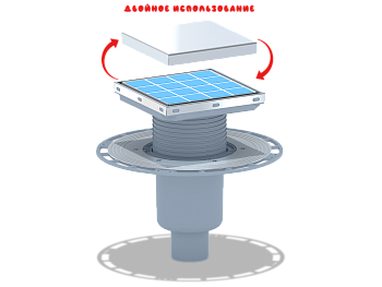 Трап вертикальный регулируемый АНИ Пласт THA5912 выпуск 50 мм с решеткой из нержавеющей стали 150х150 мм под плитку