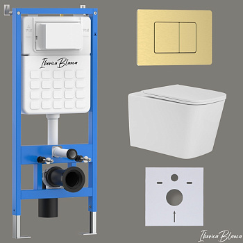 Комплект 3в1 IBERICA BLANCA инсталляция SILENCIO, унитаз TOLEDO ALTO белый, кнопка смыва INOX-C золото матовое (IB001.TLA.234.1150)