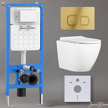 Комплект 3в1 IBERICA BLANCA инсталляция SILENCIO, унитаз BILBAO ALTO белый, кнопка смыва ESTI-Q золото глянцевое (IB001.BLA.234.836)